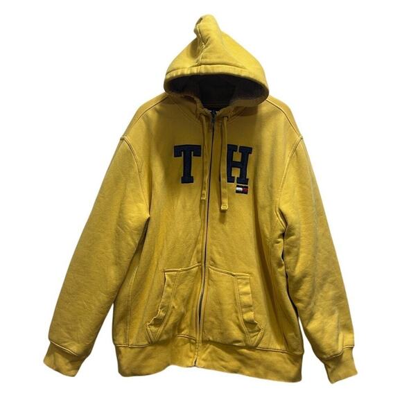 VTG Tommy Hilfiger Hoodie Sweatshirt XXL Yellow Big Logo Sherpa Fleece Full Zip - Picture 1 of 9